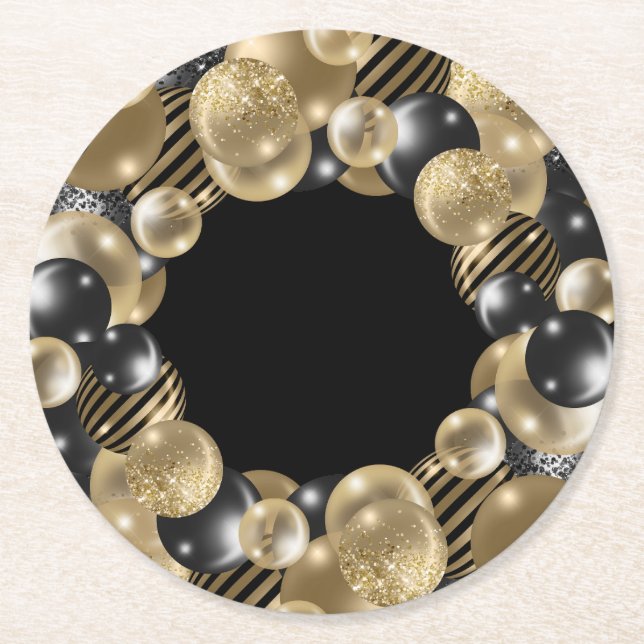 Black Gold 50th Birthday Round Paper Coaster (Front)