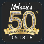 Black & Gold 50th Birthday Stickers<br><div class="desc">Black & Gold 50th Birthday Stickers with added bling of diamonds. This square sticker may be used for birthday favour tags or stickers on favours.</div>