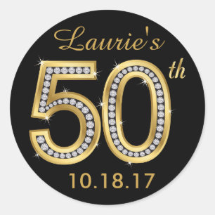 Black & Gold 50th Birthday Stickers Diamond