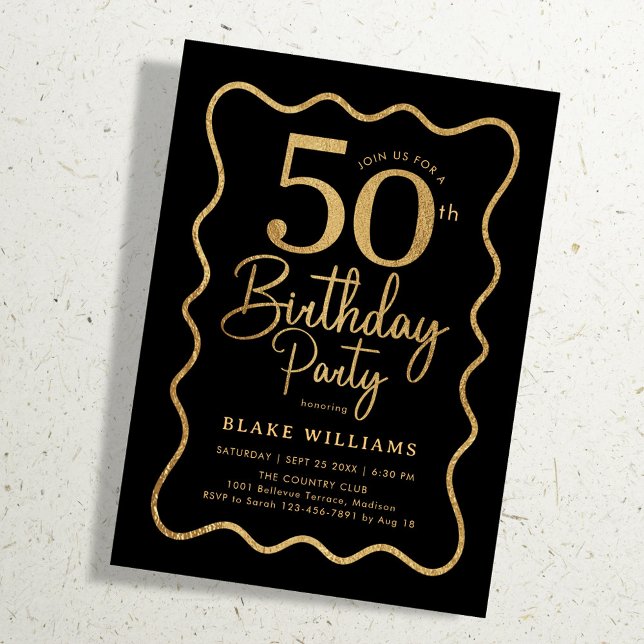 Black Gold 50th Birthday Wavy Border Invitation (Creator Uploaded)