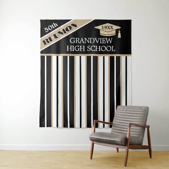 Black & Gold 50TH Class Reunion Photo Backdrop Tapestry (In Situ)