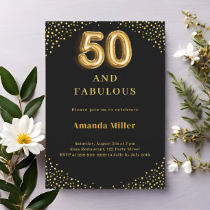 Black gold 50th fabulous birthday invitation