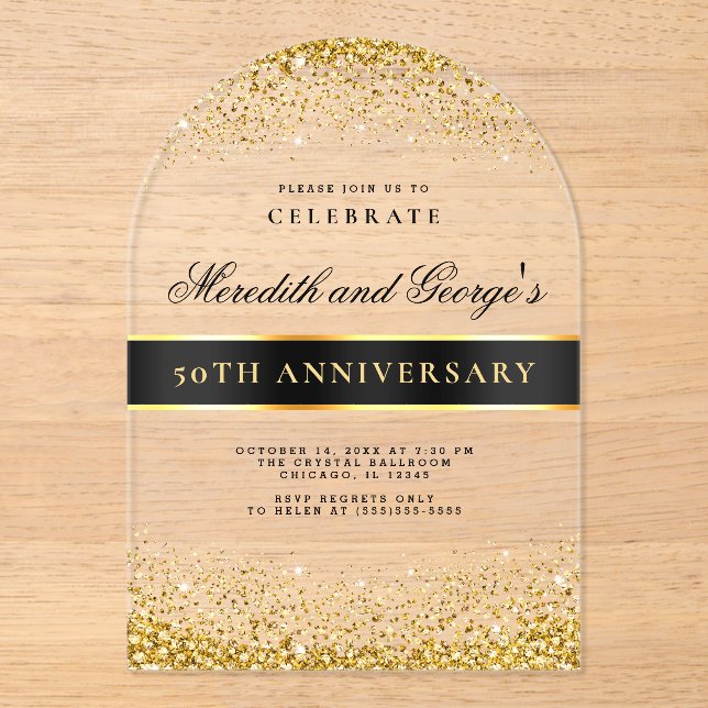 Black Gold 50th Golden Wedding Anniversary Acrylic Invitations (Front)