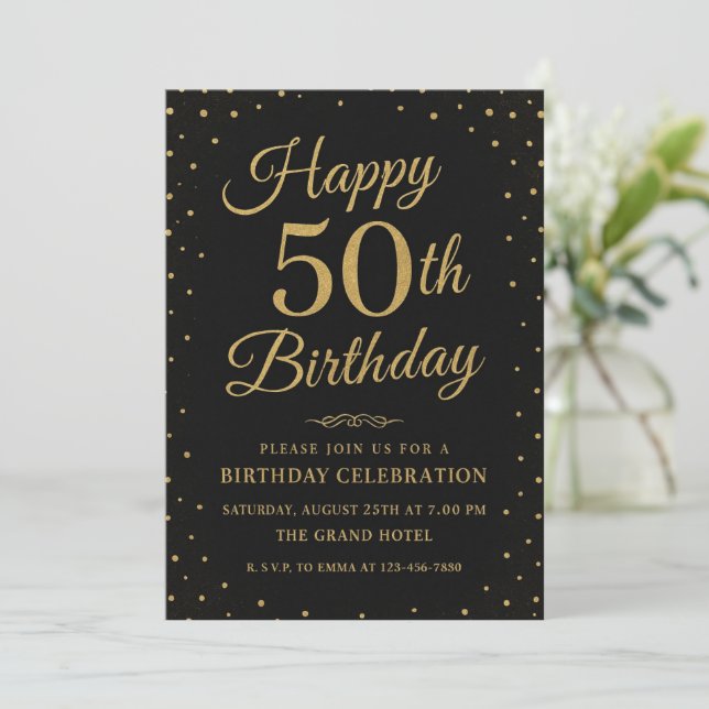 Black & Gold 50th Surprise Party  Invitation (Standing Front)