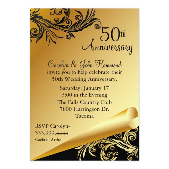 Black Gold 50th  Wedding  Anniversary  Invitation  Zazzle 