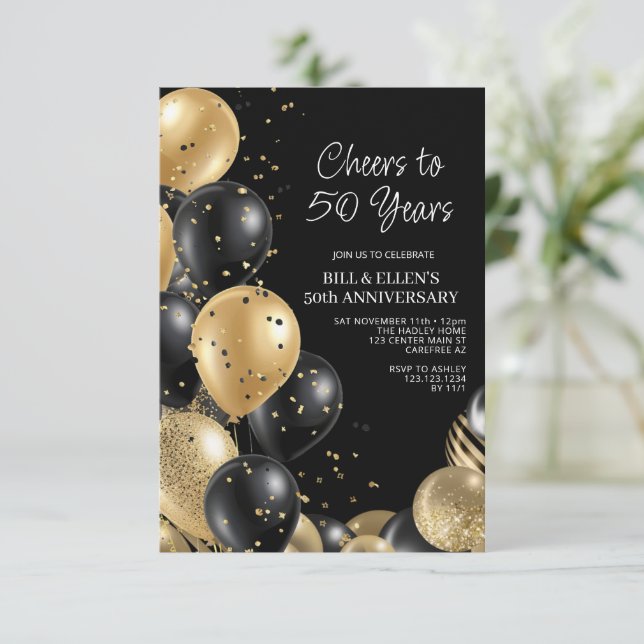 Black Gold 50th Wedding Anniversary Invitation (Standing Front)