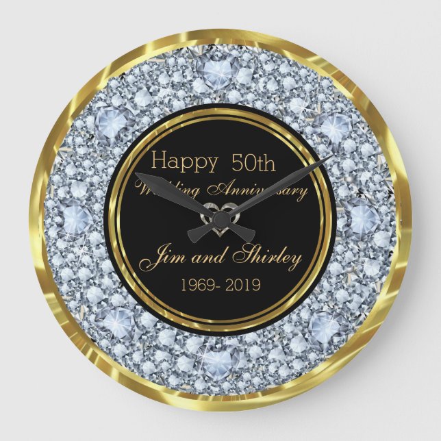 Black & Gold 50th Wedding Anniversary Large Clock (Front)