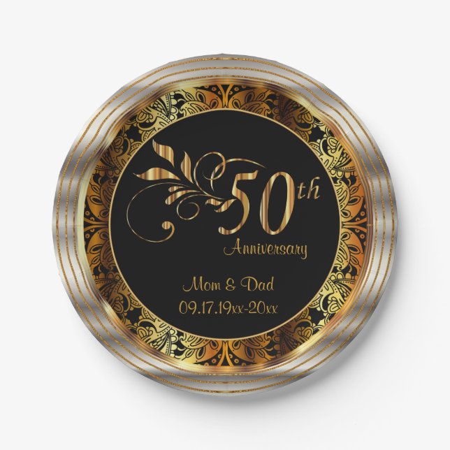 Black & Gold 50th Wedding Anniversary Paper Plate (Front)