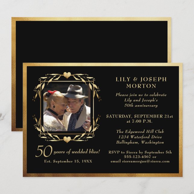 Black & Gold 50th Wedding Anniversary Photo Invitation (Front/Back)
