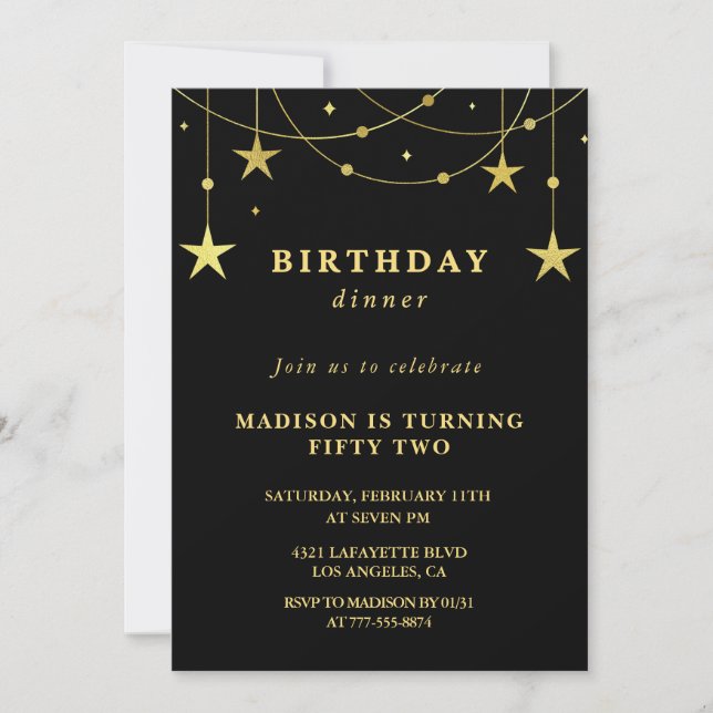 Black Gold 52nd birthday invitations  Stars (Front)