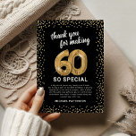 Black Gold 60th Adult Birthday Thank You Card<br><div class="desc">Elegant sixtieth birthday party thank you cards featuring a stylish black background that can be changed to any colour,  gold sparkly glitter,  sixty gold hellium balloons,  and a modern thank you template that is easy to personalise.</div>