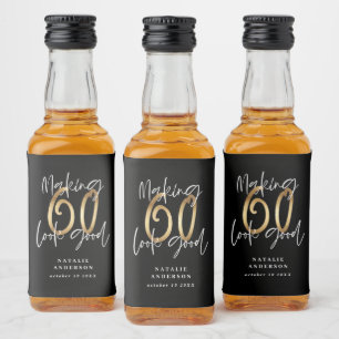 Black gold 60th birthday typography party favour liquor bottle label