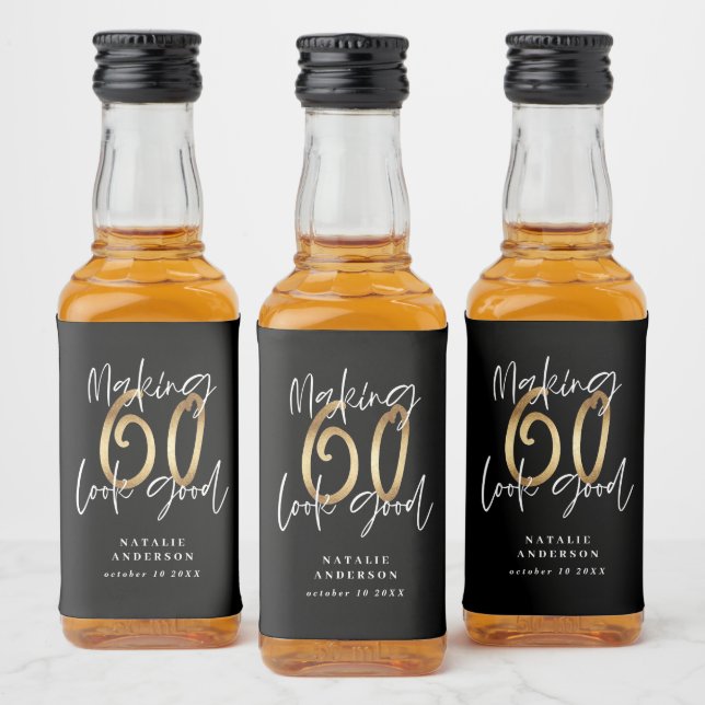 Black gold 60th birthday typography party favour  liquor bottle label (Bottles)