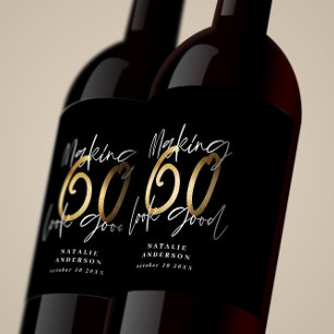 Black gold 60th birthday typography party favour  wine label