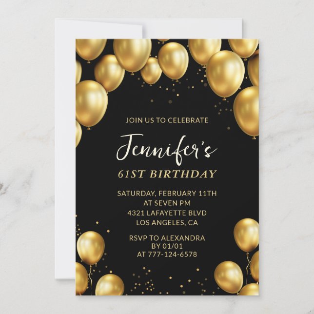 Black Gold 61st birthday invitations Balloons (Front)