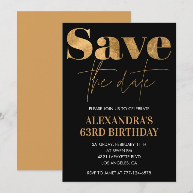 Black Gold 63rd birthday invitations Save the date (Front/Back)