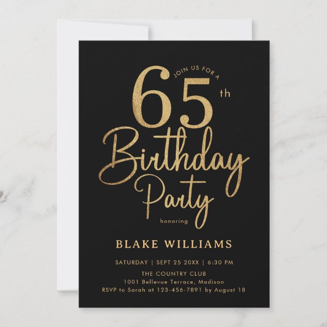 Black Gold 65th Birthday Invitation (Front)