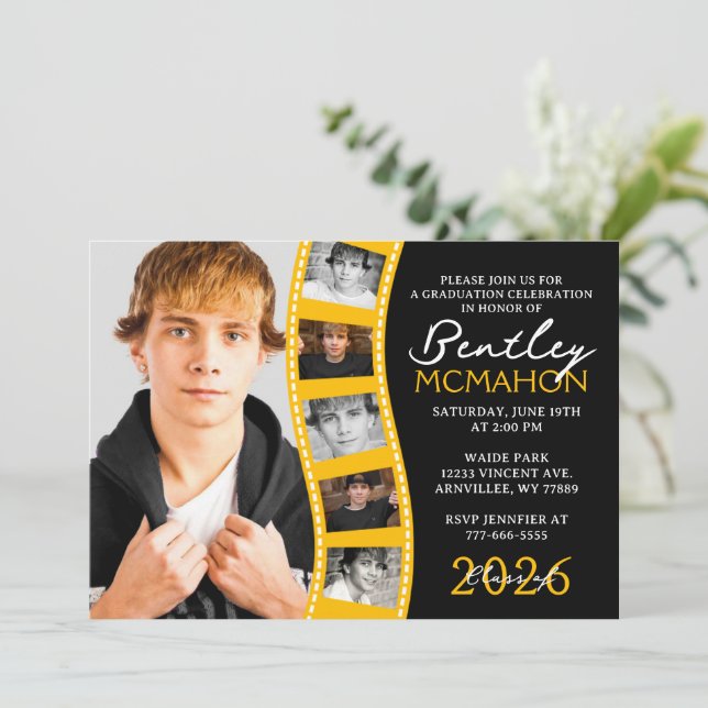 Black & Gold 6 Photo Filmstrip Graduation Collage Invitation (Standing Front)
