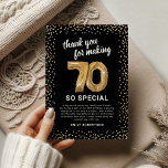 Black Gold 70th Adult Birthday Thank You Card<br><div class="desc">Elegant seventieth birthday party thank you cards featuring a stylish black background that can be changed to any colour,  gold sparkly glitter,  seventy gold hellium balloons,  and a modern thank you template that is easy to personalise.</div>