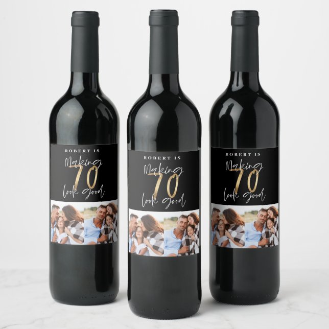 Black gold 70th birthday multi photo party  wine label (Bottles)