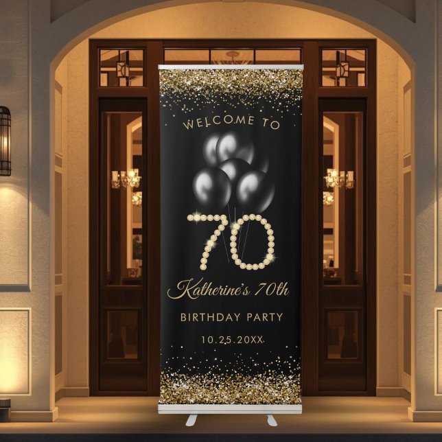 Black & Gold 70th Birthday Party Banner (Gold Diamonds 70th Birthday Party Banner)