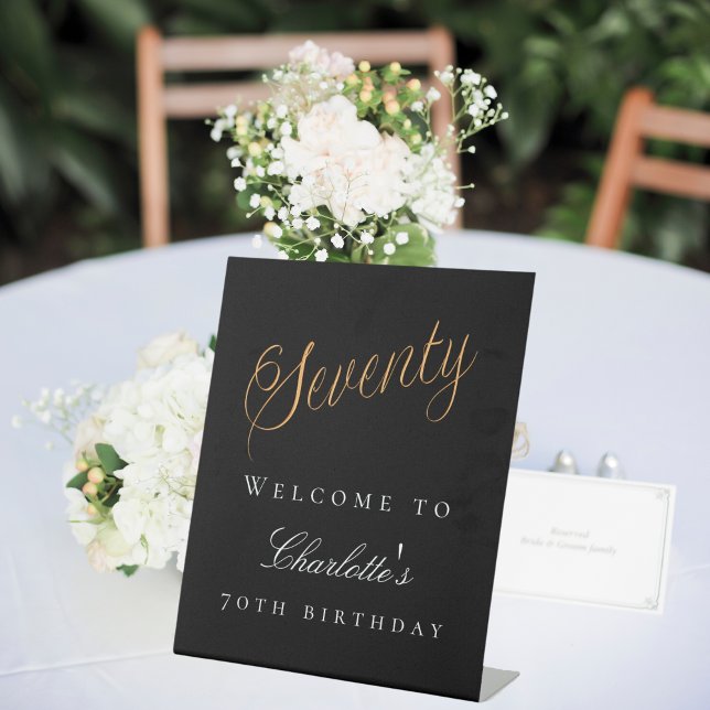 Black gold 70th birthday party welcome pedestal sign (Creator Uploaded)