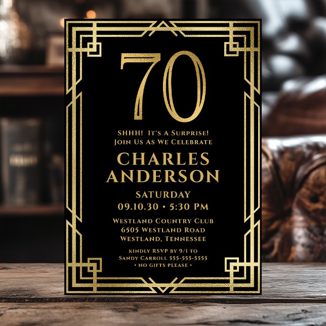 Black Gold 70th Birthday Photo Surprise Party Invitation (Creator Uploaded)