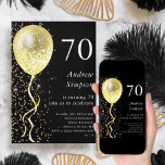 Black & Gold | 70th Glitter Balloon Birthday  Invitation<br><div class="desc">Celebrate your special day in style with our black and gold glitter balloon birthday invitation! This stunning customisable invitation features a sleek black background with an eye-catching gold balloon and a cascade of gold glitter, creating a sophisticated and festive design that will make your guests feel excited to attend your...</div>