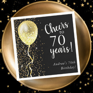 Black & Gold | 70th Glitter Balloon Birthday Napkin