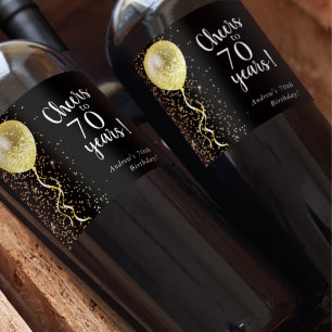 Black & Gold   70th Glitter Balloon Birthday  Wine Label