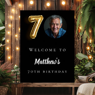 Black gold 70th photo birthday party welcome poster