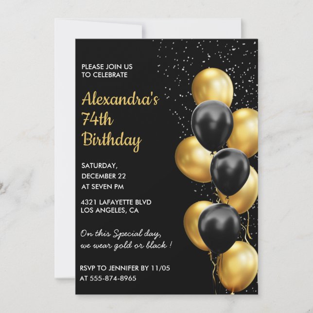 Black Gold 74th birthday invitations Glitter Glam (Front)
