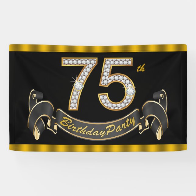 Black Gold 75th Birthday Party Banner (Horizontal)