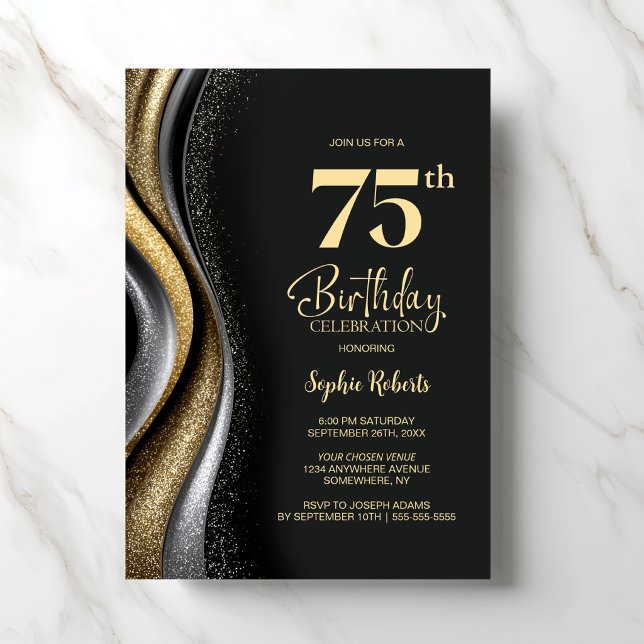 Black Gold 75th Birthday Party Invitation (Creator Uploaded)