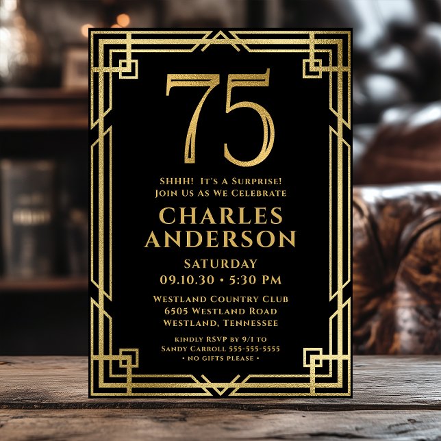 Black Gold 75th Birthday Photo Surprise Party Invitation (Creator Uploaded)