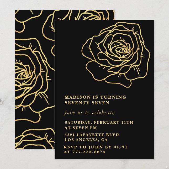 Black Gold 77th birthday invitations Floral (Front/Back)