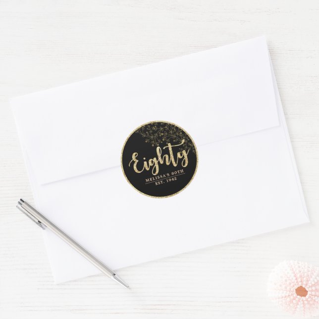 Black & Gold 80th Birthday Party Favour Sticker (Envelope)