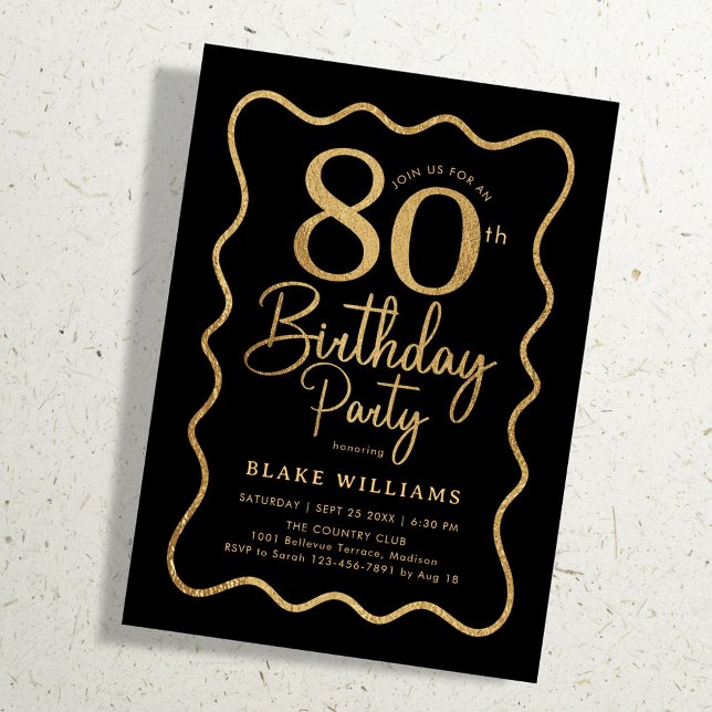 Black Gold 80th Birthday Wavy Border Invitation (Creator Uploaded)