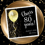 Black & Gold | 80th Glitter Balloon Birthday  Napkin<br><div class="desc">Customisable 80th birthday napkins featuring gold glitter and a gold glitter balloon,  on a black background.</div>