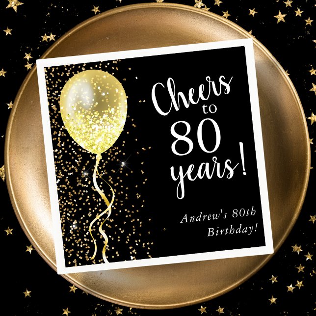 Black & Gold | 80th Glitter Balloon Birthday  Napkin (Creator Uploaded)