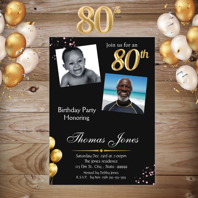 Black Gold 80th Photo Birthday Invitation  (Creator Uploaded)