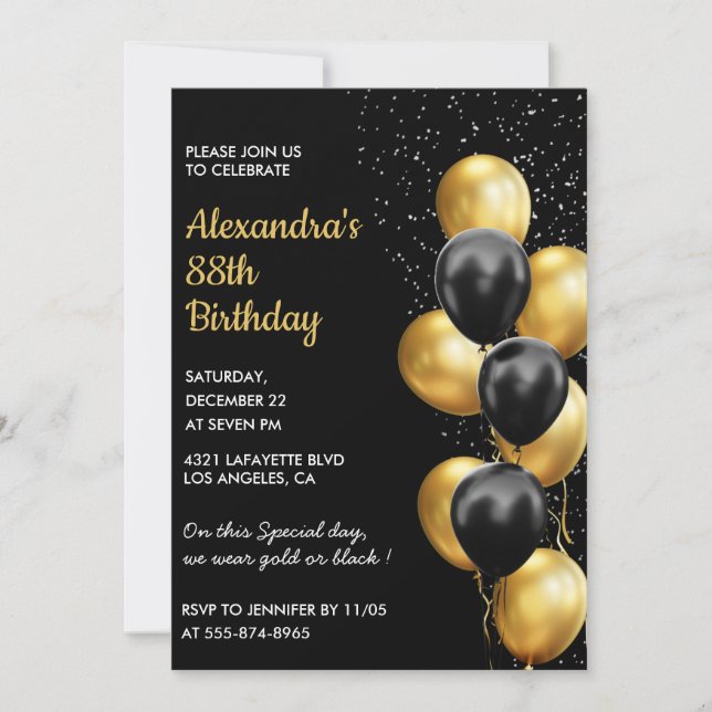 Black Gold 88th birthday invitations Glitter Glam (Front)