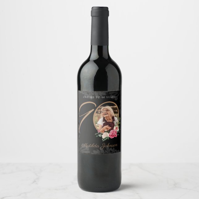 Black Gold 90th Birthday Floral Classy Custom Wine Label (Front)