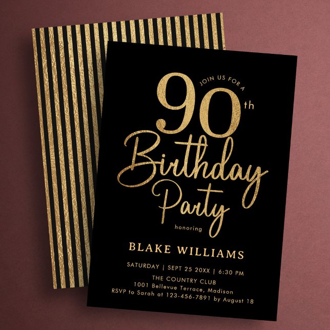 Black Gold 90th Birthday Invitation (Creator Uploaded)