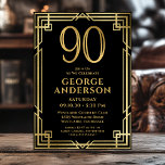 Black Gold 90th Birthday Photo Invitation<br><div class="desc">This fabulous black and gold men's 90th birthday party invitation featuring the number 90 in gold with modern fonts surrounded by a gold art deco frame on the front and your favourite photo of the guest of honour in black and white on the back would be perfect for asking people...</div>