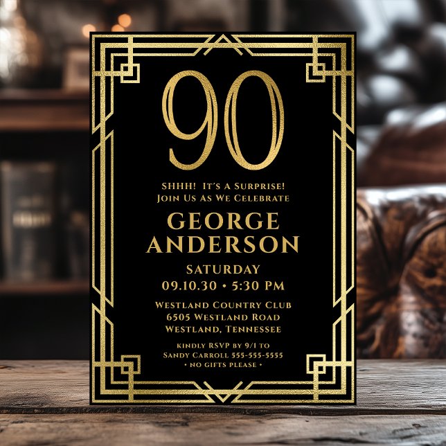 Black Gold 90th Birthday Photo Surprise Party Invitation (Creator Uploaded)