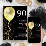 Black & Gold | 90th Glitter Balloon Birthday  Invitation<br><div class="desc">Celebrate your special day in style with our black and gold glitter balloon birthday invitation! This stunning customisable invitation features a sleek black background with an eye-catching gold balloon and a cascade of gold glitter, creating a sophisticated and festive design that will make your guests feel excited to attend your...</div>