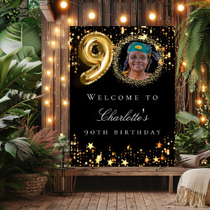 Black gold 90th photo birthday party welcome poster