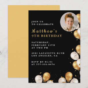 Black Gold 9th birthday invitation Balloon Photo