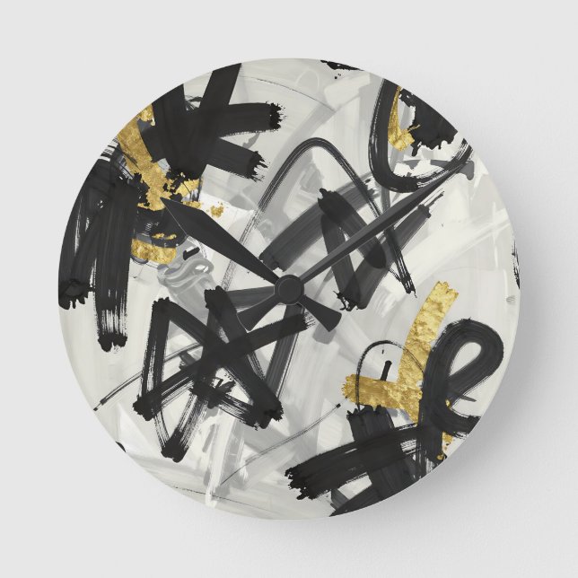 Black Gold Abstract Brushstrokes Round Clock (Front)